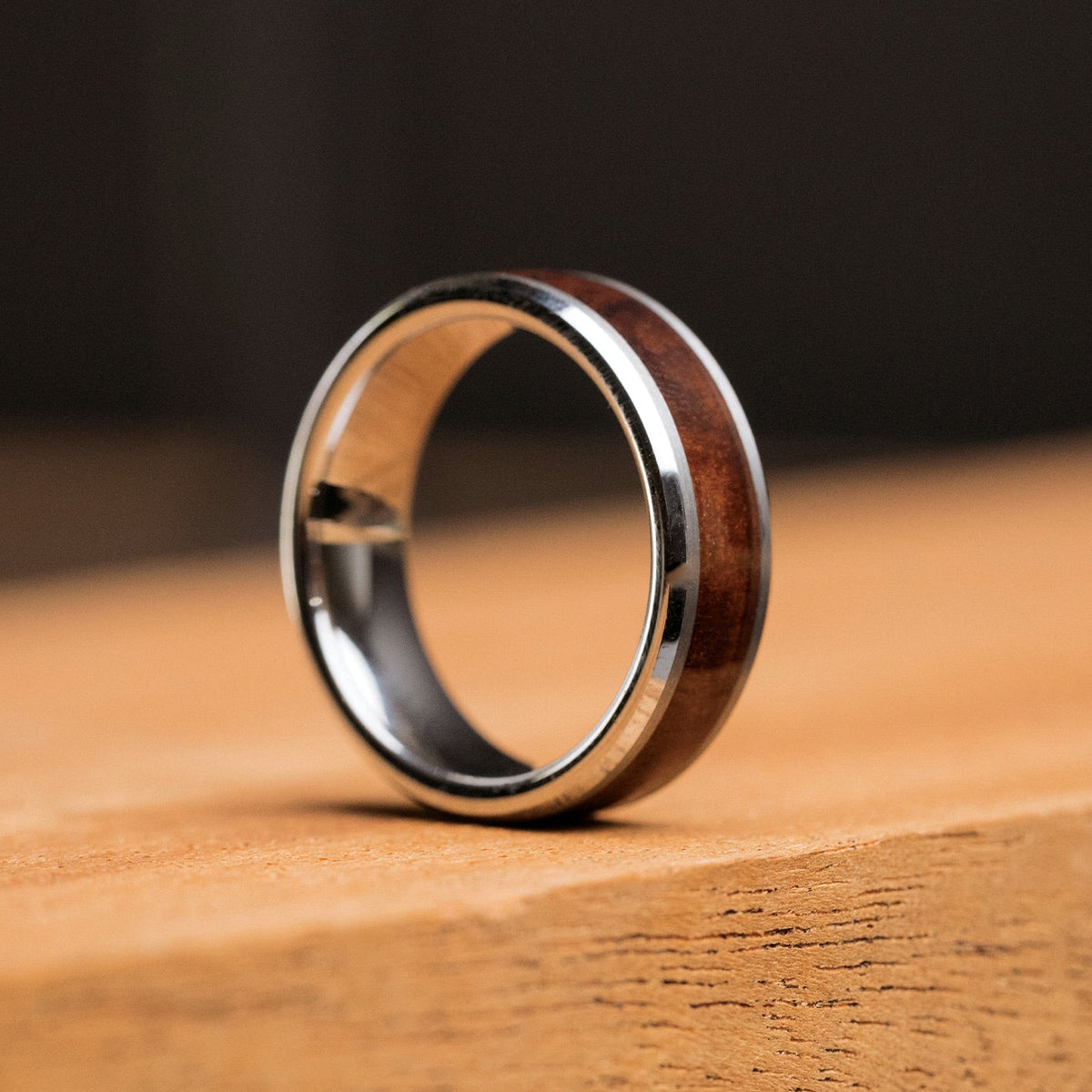 Burlwood Silver Single Barrel Beveled Ring